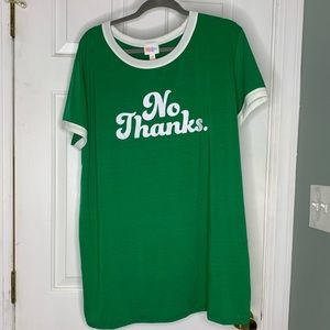 LuLaRoe Liv “No Thanks” Green Graphic Fitted Ringer Tee 3X